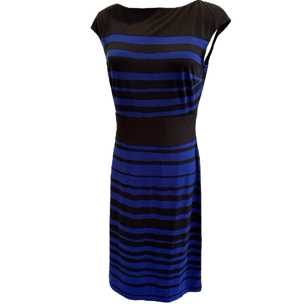 90s AMERICAN LIVING BLUE & BLACK STRIPED BODYCON MIDI SHEATH DRESS SZ 8 - Picture 3 of 7